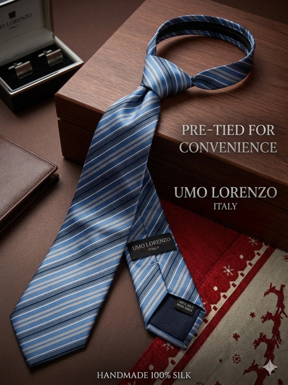 UMO Lorenzo Blue Striped Pre-Tied Silk Tie